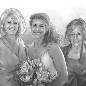 Puede incluir: Un dibujo en blanco y negro de tres mujeres. La mujer del centro lleva un vestido blanco y sostiene un ramo de flores. La mujer de la izquierda lleva un vestido sin mangas y la mujer de la derecha lleva una chaqueta.