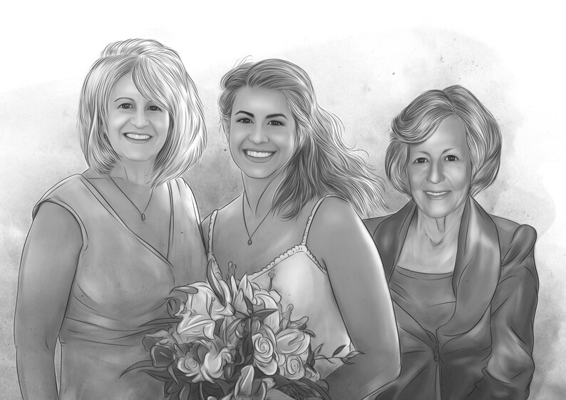 Puede incluir: Un dibujo en blanco y negro de tres mujeres. La mujer del centro lleva un vestido blanco y sostiene un ramo de flores. La mujer de la izquierda lleva un vestido sin mangas y la mujer de la derecha lleva una chaqueta.