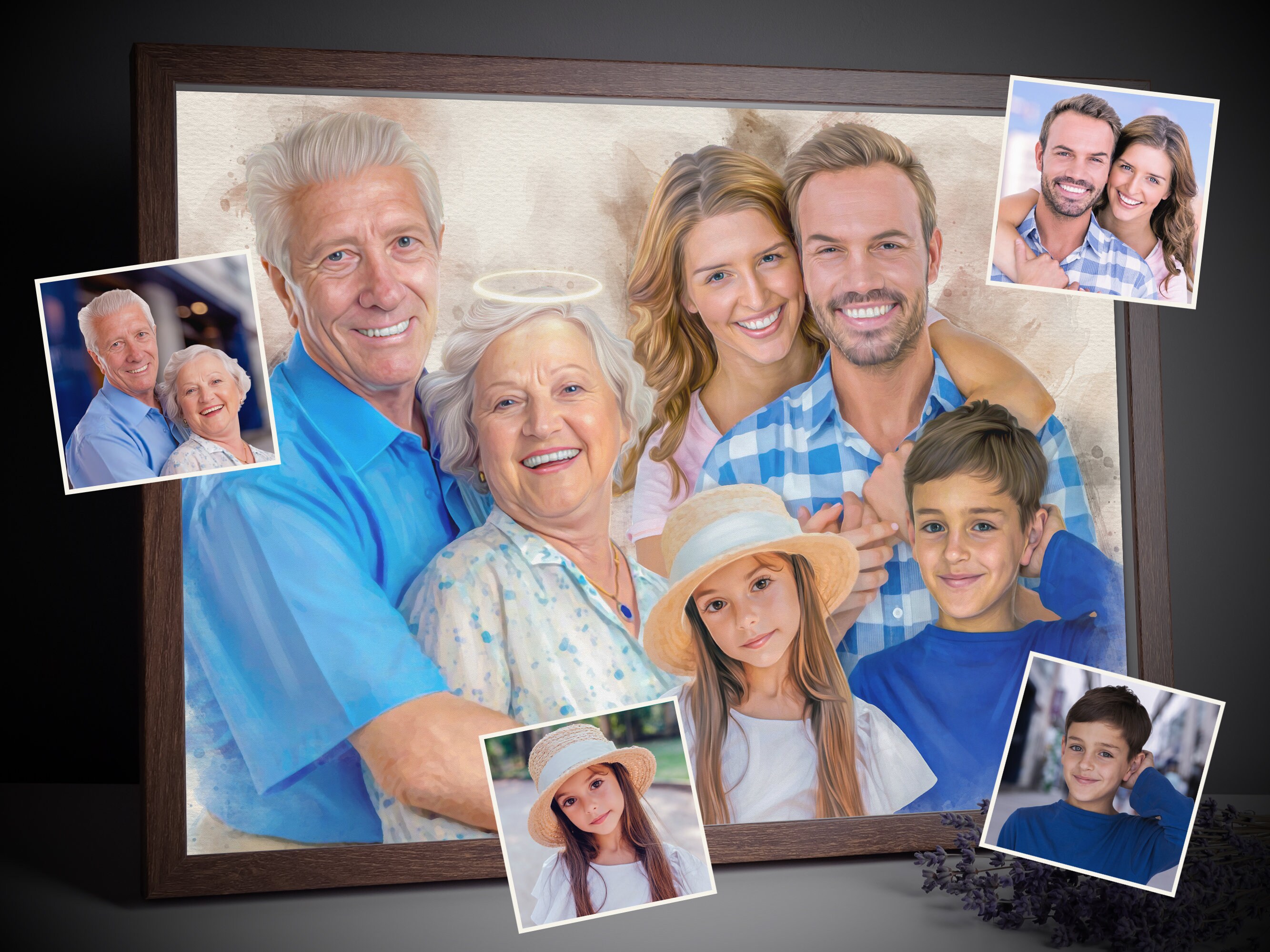 Custom Remembrance Watercolor Portrait Commission from Photo, Personalized Hand Drawn Family Keepsake, Unique Bereavement Gift for Grandpa