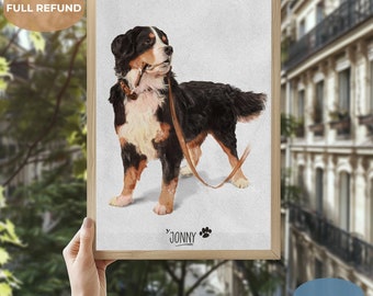 May include: A watercolor painting of a Bernese Mountain Dog with a brown leash. The dog is standing on a white background and has a brown and white collar with the name "Jonny" written on it.