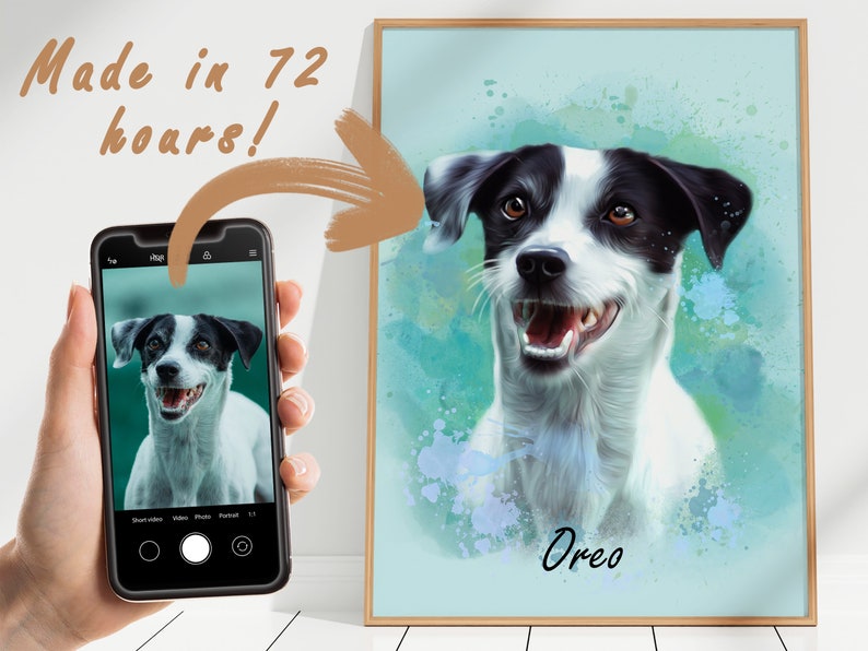 May include: A digital painting of a black and white dog with a blue and green watercolor background. The dog is smiling and has the name "Oreo" written below it.