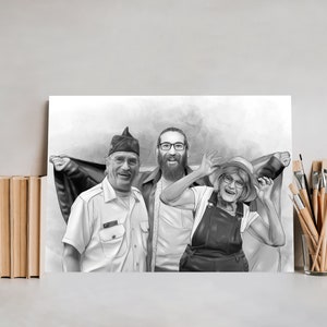 Puede incluir: Dibujo a l&aacute;piz en blanco y negro de tres personas sonriendo. La persona de la izquierda lleva un sombrero y una chaqueta. La persona del medio lleva una camisa blanca. La persona de la derecha lleva un sombrero y un vestido.