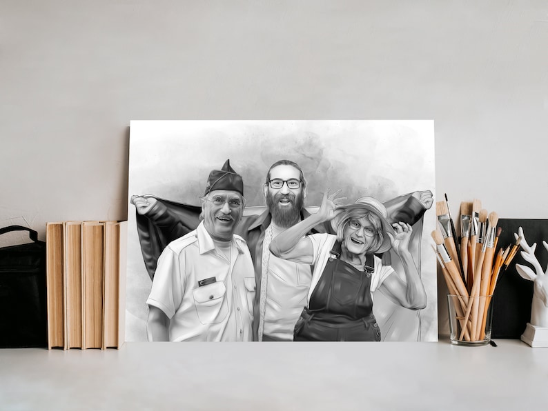 Puede incluir: Dibujo a l&aacute;piz en blanco y negro de tres personas sonriendo. La persona de la izquierda lleva un sombrero y una chaqueta. La persona del medio lleva una camisa blanca. La persona de la derecha lleva un sombrero y un vestido.