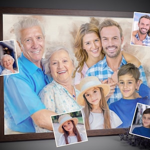 Aangepaste aquarel familietekening van foto, gepersonaliseerde herdenkingsillustratie voor overleden grootvader en geliefde kinderen