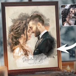 Retrato de compromiso personalizado en acuarela a partir de una foto, obra de arte conmemorativa significativa, regalo acogedor para el primer aniversario de tu esposo.
