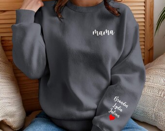 Sudadera de cuello redondo personalizada para mamá con nombres de niños, suéter bordado personalizado para mamá, regalo de embarazo para futuras mamás, regalo para el Día de la Madre