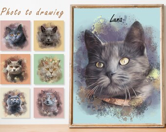 Custom Watercolor British Shorthair Portrait on Canvas, Unique Personalized Cat Painting, Printed Pet Wall Decor, Cartoon Drawing Commission