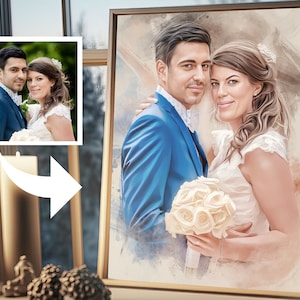 結婚記念日のカスタム絵画、写真からパーソナライズされた水彩画、妻の誕生日のためのユニークな家族の婚約イラスト