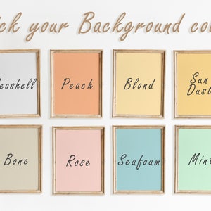 May include: Eight framed color swatches with names written in cursive. The colors are seashell, peach, blond, sun dust, bone, rose, seafoam, and mint.