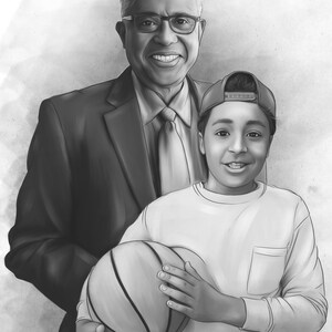Puede incluir: Un dibujo en blanco y negro de un hombre mayor con gafas y un ni&ntilde;o m&aacute;s joven con una gorra de b&eacute;isbol. El ni&ntilde;o sostiene un bal&oacute;n de baloncesto.