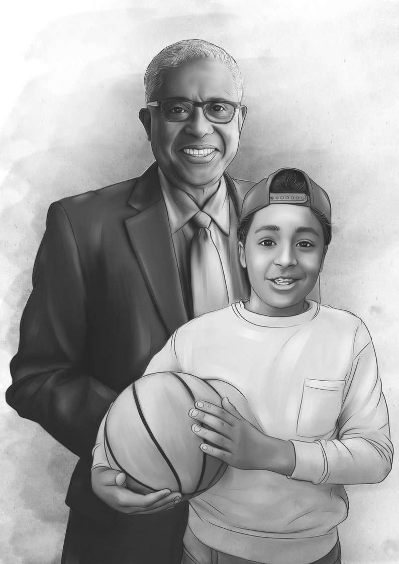 Puede incluir: Un dibujo en blanco y negro de un hombre mayor con gafas y un ni&ntilde;o m&aacute;s joven con una gorra de b&eacute;isbol. El ni&ntilde;o sostiene un bal&oacute;n de baloncesto.