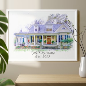 Aangepaste aquarel huisportret op canvas, onze eerste thuisillustratieposter met meerdere maten, uniek nieuw housewarmingcadeau