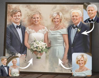 "Personalisierte Aquarell Malerei am Tag der Hochzeit mit den Eltern, individuelles Trauerbild ""Individuelles Gemälde"" für die Liebsten, Beileidsgeschenk für Freunde."