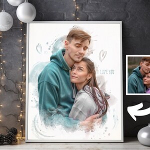 May include: A watercolour painting of a couple embracing. The man is wearing a teal sweatshirt and the woman is wearing a grey sweater. The painting has a soft, romantic feel and includes the text "I love you".