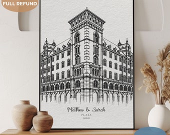 May include: Black and white line art illustration of a building with the text "Matthew & Sarah Plaza 04.06.19" at the bottom.