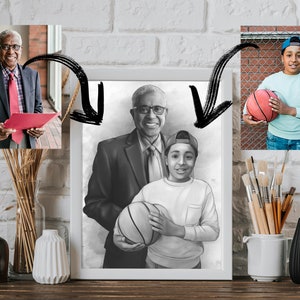 Puede incluir: Un dibujo en blanco y negro de un hombre y un ni&ntilde;o sosteniendo balones de baloncesto. El hombre lleva traje y corbata, y el ni&ntilde;o lleva una camiseta y pantalones cortos. El dibujo est&aacute; enmarcado en un marco blanco.
