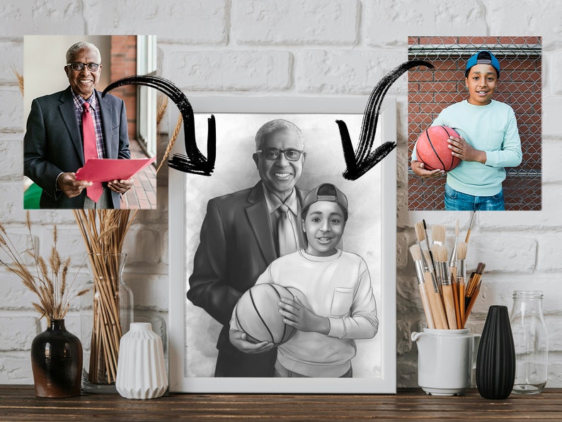 Puede incluir: Un dibujo en blanco y negro de un hombre y un ni&ntilde;o sosteniendo balones de baloncesto. El hombre lleva traje y corbata, y el ni&ntilde;o lleva una camiseta y pantalones cortos. El dibujo est&aacute; enmarcado en un marco blanco.