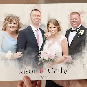 Dipinto di coppia personalizzato ad acquerello su tela, regalo personalizzabile per il primo anniversario di matrimonio per moglie o mamma, illustrazione unica da foto
