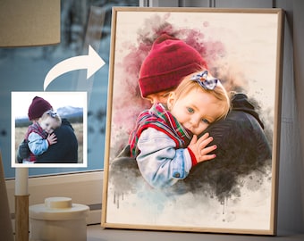 Pintura de acuarela personalizada para papá, dibujo personalizado a partir de una foto, regalo único para el abuelo de su nieta, conmemoración del 50 aniversario.