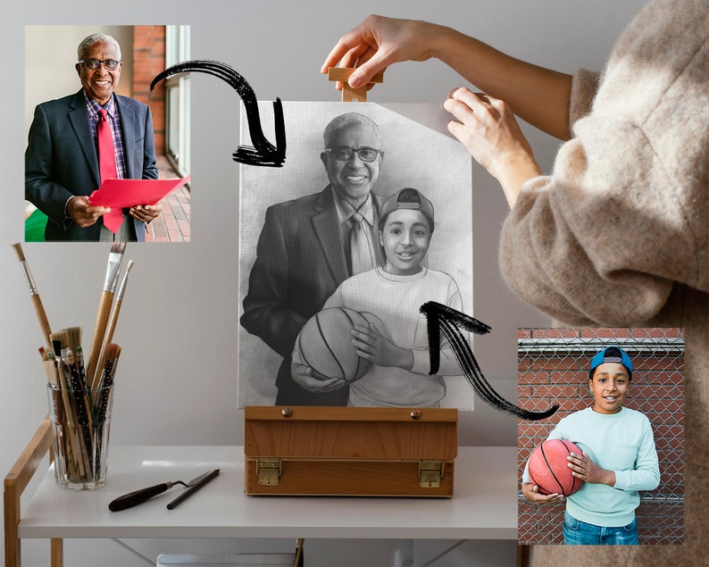 Puede incluir: Un dibujo a l&aacute;piz en blanco y negro de dos personas, un hombre mayor y un ni&ntilde;o m&aacute;s joven, sosteniendo una pelota de baloncesto. El dibujo est&aacute; en un lienzo y est&aacute; siendo sostenido por la mano de una persona.