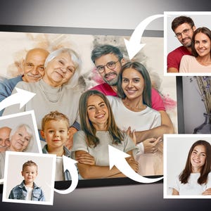 Puede incluir: Una pintura de acuarela de un retrato familiar. La pintura presenta una familia multigeneracional, incluidos abuelos, padres e hijos. La pintura está realizada en una paleta de colores suaves y apagados y tiene un toque caprichoso.