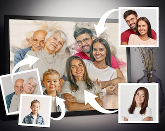 May include: A watercolor painting of a family portrait. The painting features a multi-generational family, including grandparents, parents, and children. The painting is done in a soft, muted color palette and has a whimsical feel.