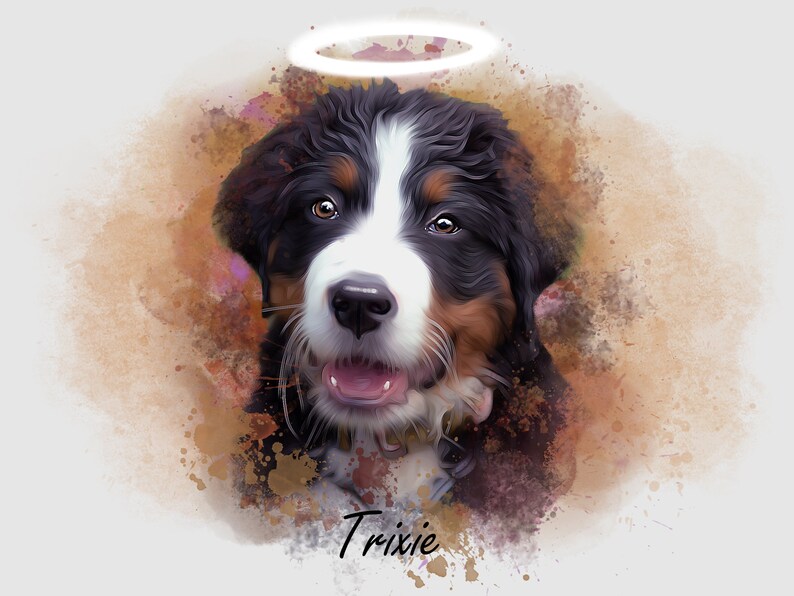 May include: A watercolor painting of a Bernese Mountain Dog with a halo above its head. The dog is looking directly at the viewer with a happy expression. The background is a soft brown and pink watercolor wash. The dog's name, "Trixie", is written below the image.