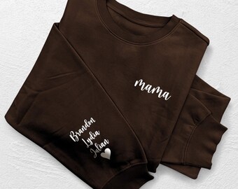 Sudadera bordada personalizada para mamá con los nombres de los niños en la manga, sudadera con capucha para mamá primeriza, regalo para futura mamá, cuello redondo para despedida de soltera, regalos para mamá