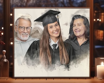 Puede incluir: Una pintura de acuarela de una graduada con una toga y birrete negros, con un halo sobre la cabeza de un hombre mayor y una mujer de pie detrás de la graduada.