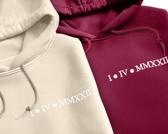 Custom Embroidered Roman Numeral Hoodie, Personalized Hoodie with Date, Anniversary Date Hoodie, Matching Hoodies, Couple Engagement Gifts
