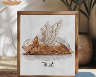 Puede incluir: Una ilustración digital de un chihuahua marrón con alas de ángel, durmiendo en una nube. El perro tiene un halo sobre su cabeza y el texto "stella" está escrito debajo del perro.