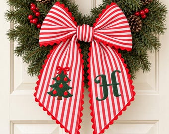 Christmas Tree Wreath Sash in Red Stripe with Custom Initial