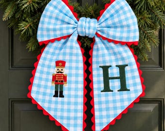Nutcracker Wreath Sash in Blue Plaid with Your Custom Initial