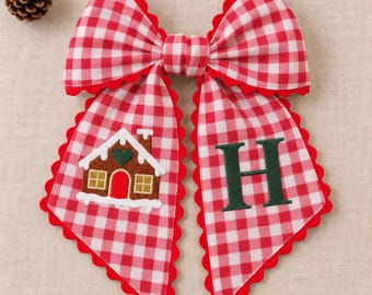 Gingerbread Cottage Wreath Sash in Red Plaid with Your Initial