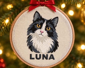 Cat Christmas Ornament - Custom Cat Portrait in Embroidery