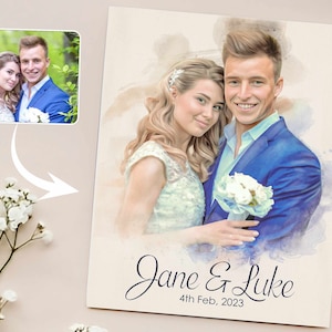 Aangepaste aquarel soulmates trouwdag portret, gepersonaliseerde verlovingsillustratie aandenken van foto, hartverwarmende cadeaus voor stel