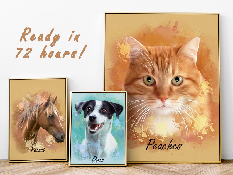 May include: Three framed pet portraits with watercolor backgrounds. The portraits feature a brown horse named Peanut, a black and white dog named Oreo, and a ginger cat named Peaches.