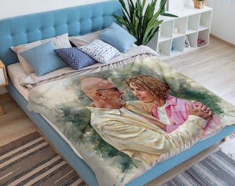 Personalized Watercolor Couple Blanket, Photo Memory Blanket, Custom Anniversary Blanket, Couple Illustration, Christmas Gift for Her