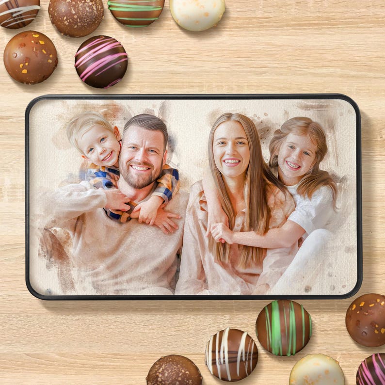 Custom Family Watercolor Chocolate Truffles Tin, Painting From Photo
