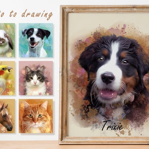 May include: A watercolor painting of a Bernese Mountain Dog puppy with brown, black, and white fur. The dog is looking directly at the viewer with its mouth slightly open, showing its teeth. The background is a light brown with splashes of pink and orange watercolor paint. The dog's name, "Trixie", is written in black text below the dog's head.