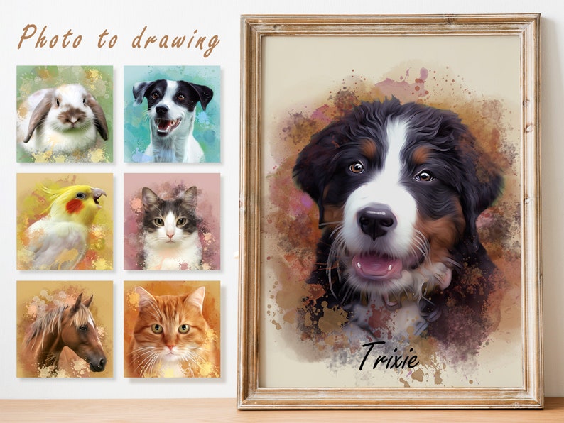 May include: A watercolor painting of a Bernese Mountain Dog puppy with brown, black, and white fur. The dog is looking directly at the viewer with its mouth slightly open, showing its teeth. The background is a light brown with splashes of pink and orange watercolor paint. The dog's name, "Trixie", is written in black text below the dog's head.