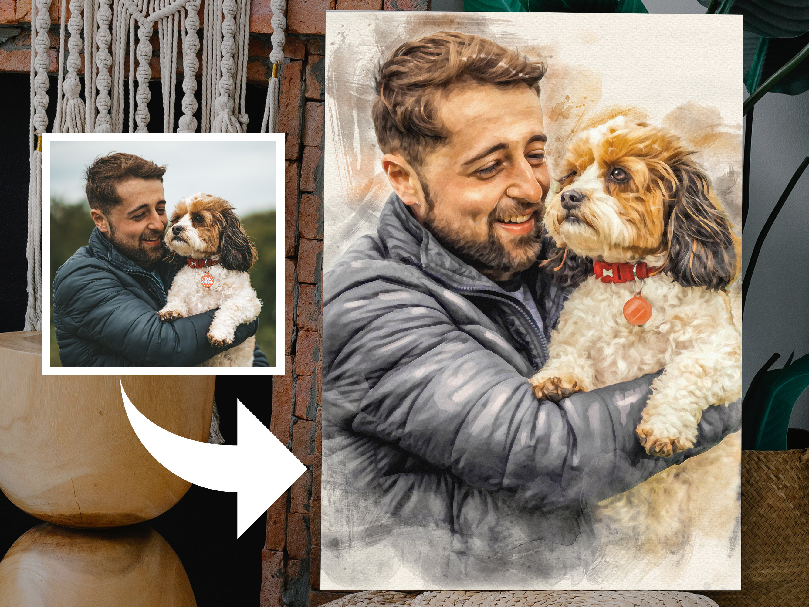 Customizable Owner and Fur Baby Painting on Canvas, Personalized Pet Lovers Portrait Commission, Trendy Housewarming Gifts for Best Friend