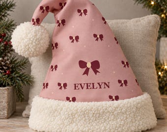 Pink Santa Hat With Your Name and Bow Print - Gift for Her