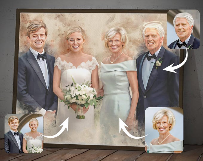 Personalized Watercolor Day of Wedding Painting with Parents, Custom Memorial Painting Commission for Loved Ones, Sympathy Gift for Friends