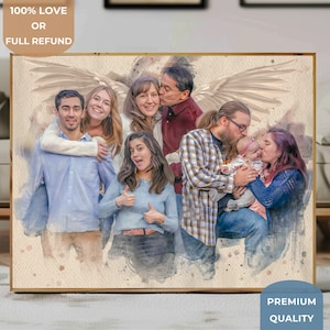 Aangepaste aquarel Memorial familietekening, gemengd familieportret, gepersonaliseerde kunst aan de muur, cadeau voor sympathie voor verlies van een geliefde