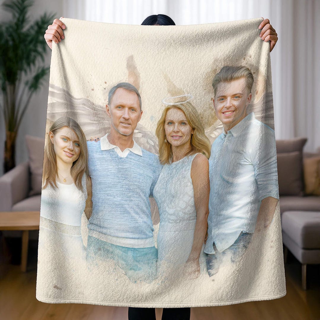 Personalized Family Memorial Watercolor Portrait Blanket, Combine Photo