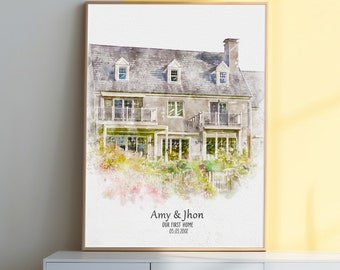 Personalized Watercolor House Portrait from Picture, Custom New Home Illustration Present for Family, Sweet Gift Idea to First Homeowners