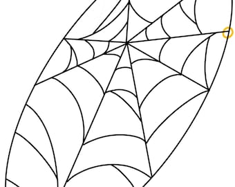 Może przedstawiać: Czarny wzór pajęczyny z żółtymi punktami zawieszenia. Tekst "Spiderweb" jest wyświetlany na dole. Logo Ponderosa Sky Designs znajduje się w lewym górnym rogu.