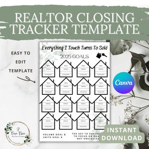 Pode incluir: Um modelo de rastreamento de fechamento de corretor de imóveis imprimível com um design de casa em preto e branco. O modelo inclui espaço para escrever o nome, o endereço e a data de fechamento para 20 propriedades. O texto "Tudo o que toco é vendido" e "Metas 2025" está no topo do modelo. O texto "Meta de volume € Meta de unidades #" e "A chave para o sucesso é focar nos objetivos, não nos obstáculos" está na parte inferior do modelo.