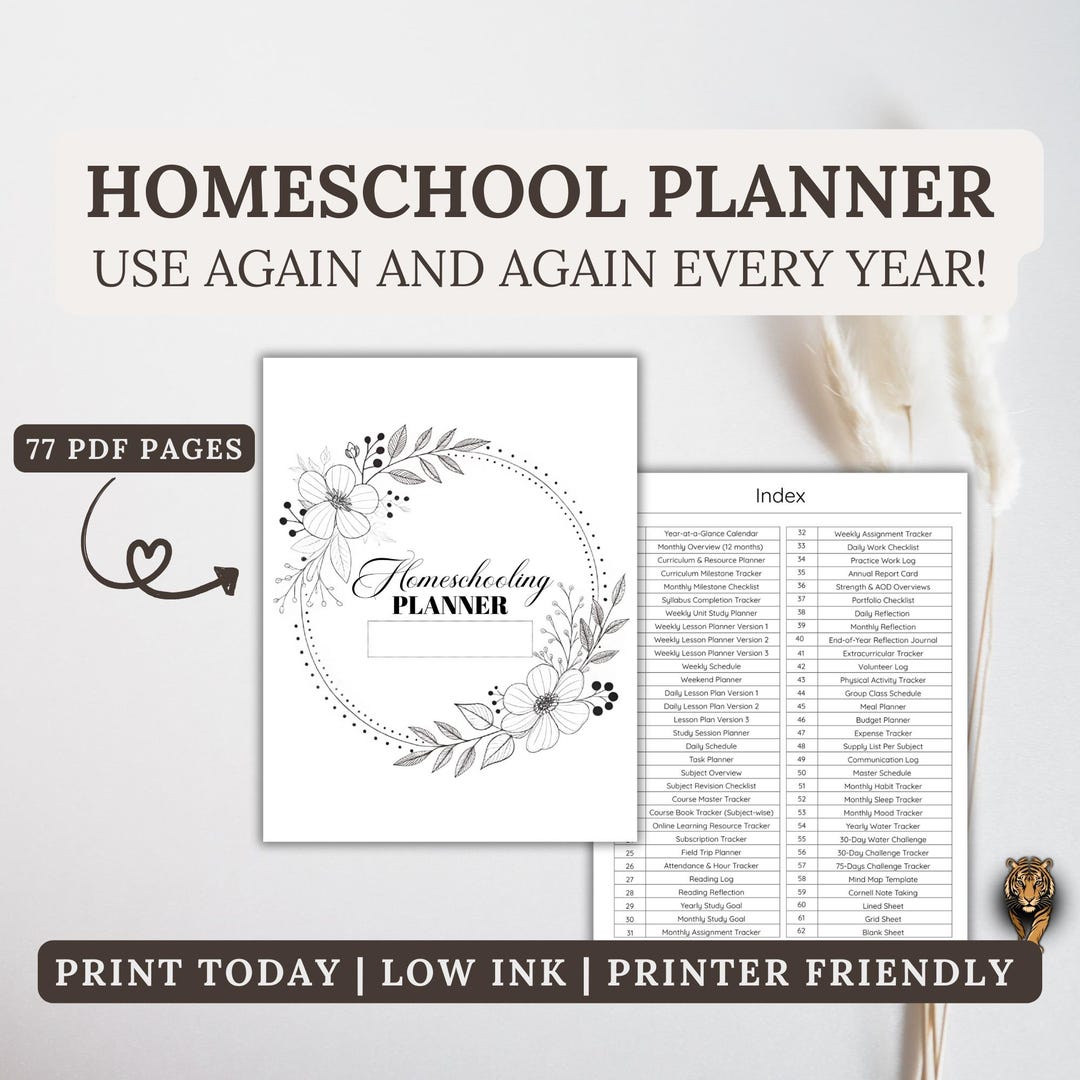 Undated Homeschool Planner (77 Pages) | Low-ink Black & White Printable ...